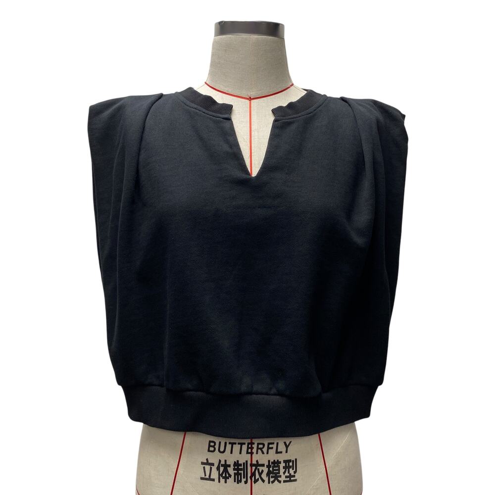 Grey Lab Womens Size M Black Dramatic Shoulder Boxy V Neck Top